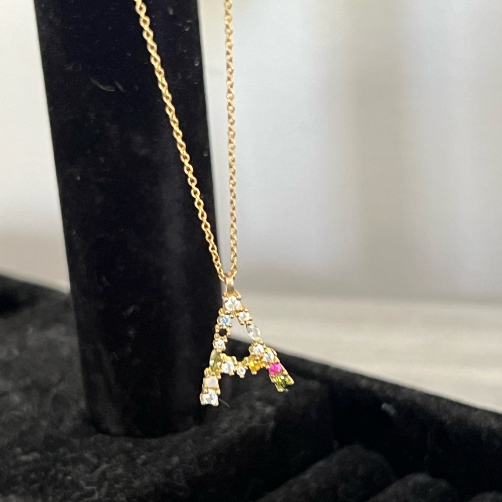 Private Jeweler Gemstone “A” Necklace with 14K gold cable chain